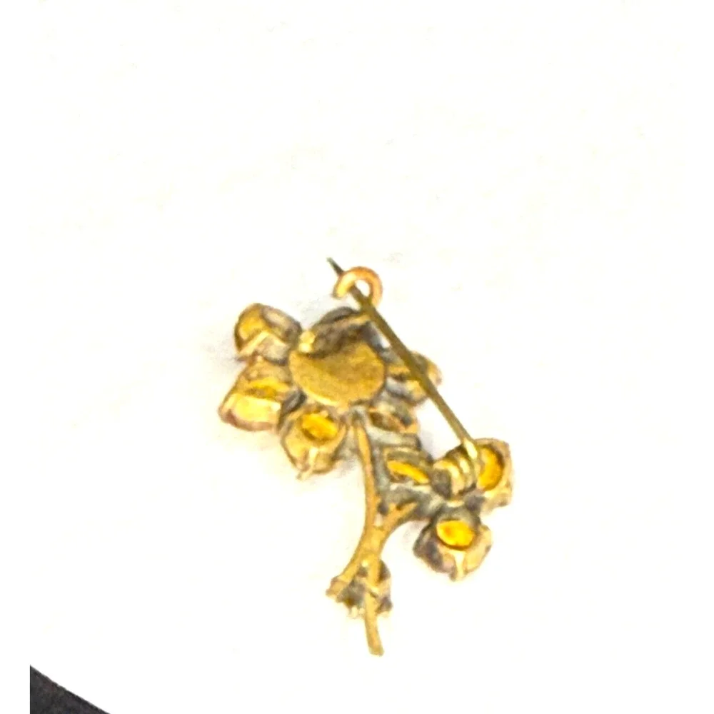 Vintage Long-Stem Flower Brooch Yellow Citrine Stones Rhinestone Lapel Pin MCM